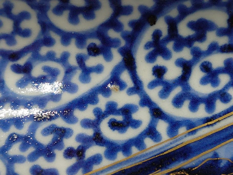 江戸期　富長貴春(富貴長春)　古伊万里　染付　金彩　色絵　蛸唐草　7.3寸皿　約21.5cm　大胆かつ繊細な絵柄に魅了される長皿2客(七寸三分、和皿、角皿、和食器)(R-061778)