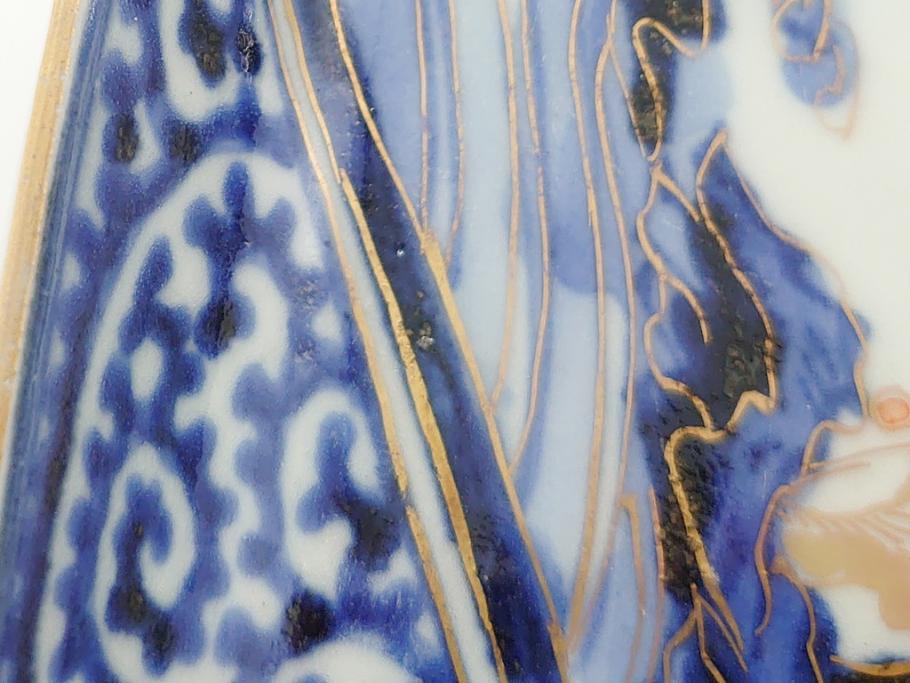 江戸期　富長貴春(富貴長春)　古伊万里　染付　金彩　色絵　蛸唐草　7.3寸皿　約21.5cm　大胆かつ繊細な絵柄に魅了される長皿2客(七寸三分、和皿、角皿、和食器)(R-061778)