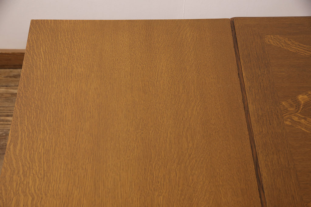 フランスアンティーク　オーク材　職人技が光る!パーケット細工が目を引くダイニングテーブル(ドローリーフテーブル、エクステンションテーブル)(R-050603)
