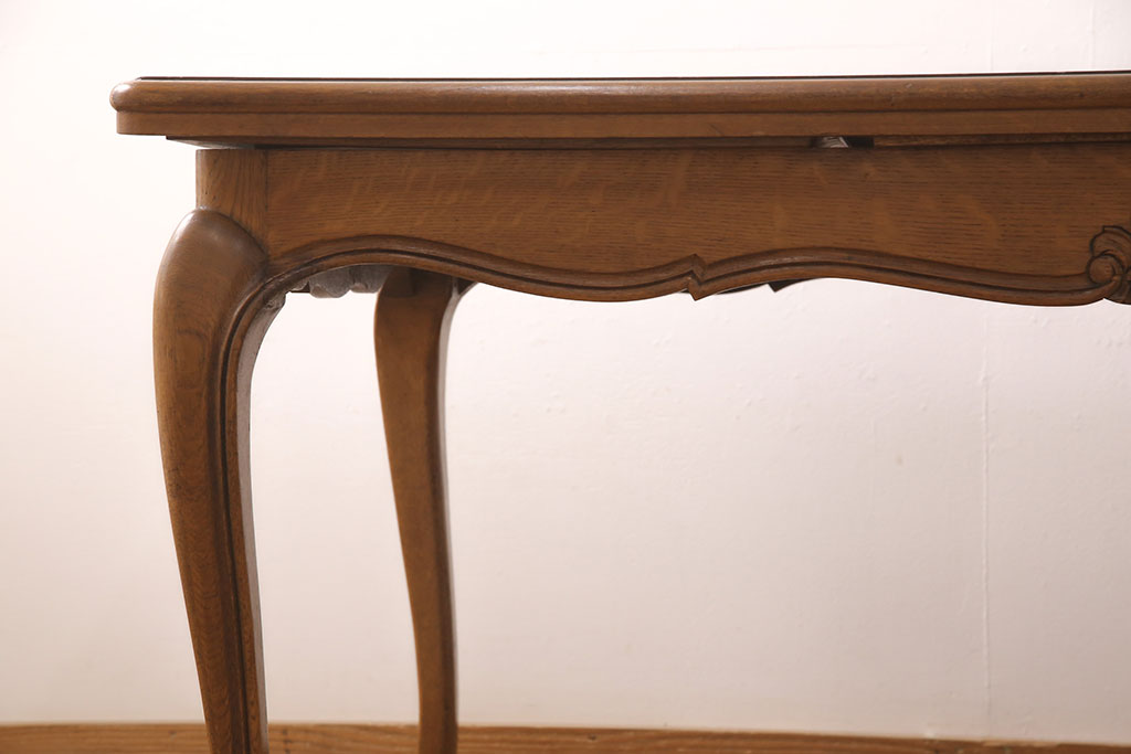 フランスアンティーク　オーク材　職人技が光る!パーケット細工が目を引くダイニングテーブル(ドローリーフテーブル、エクステンションテーブル)(R-050603)
