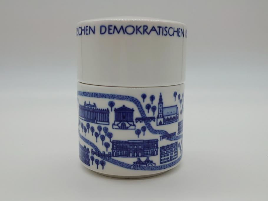 1960年代　レア　ドイツ　マイセン　Meissen　円形　蓋付き　ベルリンの街並みが描かれた小物入れ(筒型、蓋物、西洋陶磁器、BERLIN、HAUPTSTADT DER DEUTSCHEN DEMOKRATISCHEN REPUBLIK)(R-061793)