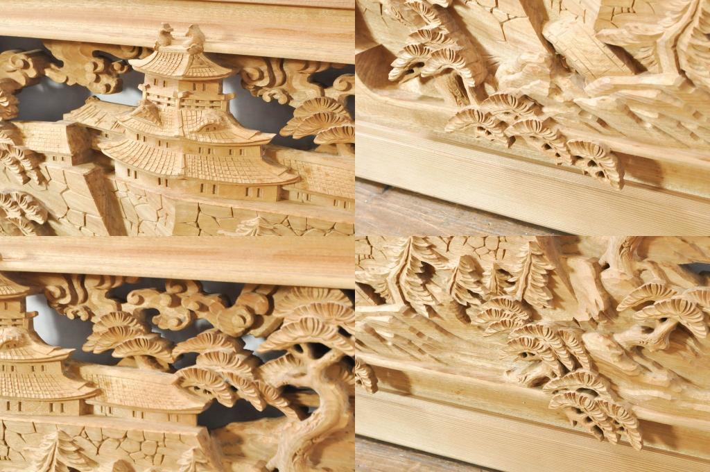 アンティーク建具　井波彫刻　和挙刀　富山名所巡り図　緻密で迫力のある彫りが見事な彫刻欄間2枚セット(一対、明かり取り、明り取り)(R-073596)