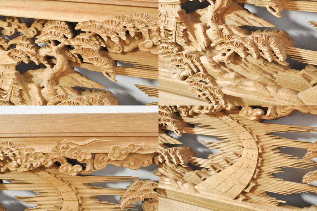 アンティーク建具　井波彫刻　和挙刀　富山名所巡り図　緻密で迫力のある彫りが見事な彫刻欄間2枚セット(一対、明かり取り、明り取り)(R-073596)