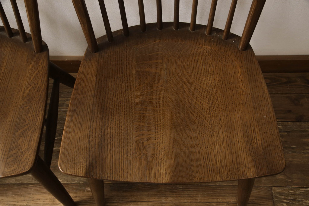 中古　柏木工(カシワ木工、KASHIWA)　ナラ材　木の温かみある風合いが魅力的なダイニングチェア3脚セット(板座チェア、イス、椅子)(R-067913)