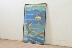 未使用品　親子の海豚(おやこのいるか)　デットストック品のステンドグラス(建具、ドア、窓、照明、衝い立て、衝立、つい立て)(定価約12万円)(R-074455)