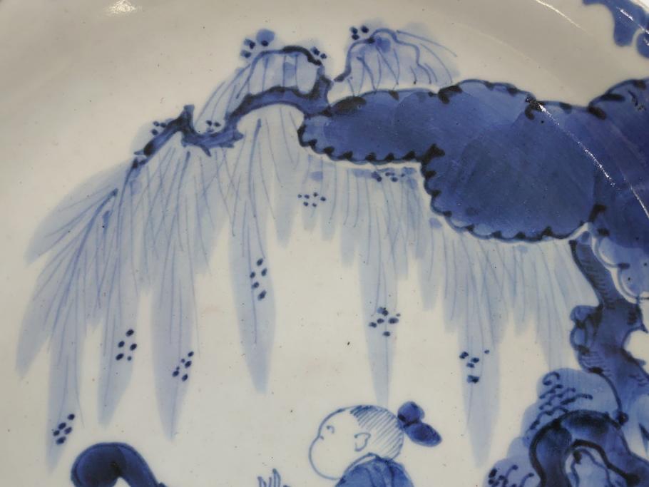 江戸期　古伊万里　染付　山水図　唐子　9.2寸皿　約28cm　ぷっくりとした愛らしい唐子図の大皿(九寸二分、和皿、和食器)(R-061797)