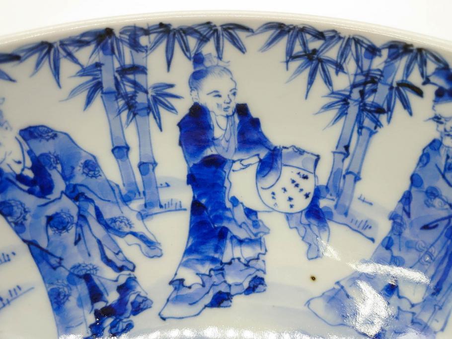 江戸期　古伊万里　染付　竹林七賢人図　細かな絵付けが見事な盃洗(杯洗、花鳥図、フルーツボウル、コンポート、高台皿、台鉢、和食器)(R-082757)