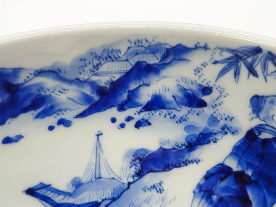 江戸期　古伊万里　染付　竹林七賢人図　細かな絵付けが見事な盃洗(杯洗、花鳥図、フルーツボウル、コンポート、高台皿、台鉢、和食器)(R-082757)