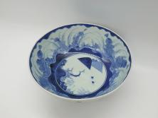 アンティーク雑貨　骨董　明治期　色絵花籠図染付楕円大皿(和食器)(R-042070)