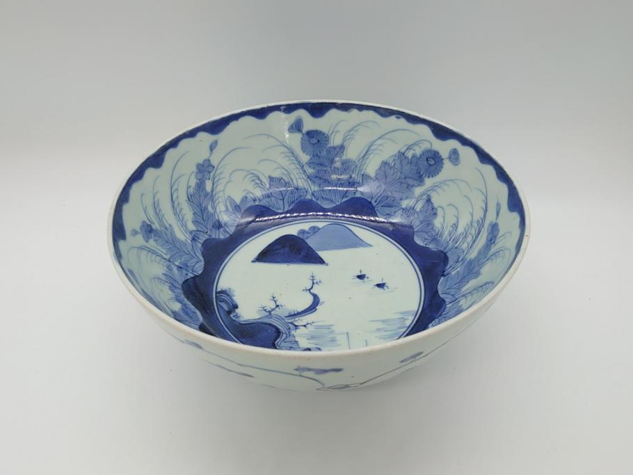 江戸期　古伊万里　大明年製　染付　山水図　9.2寸皿　約28cm　繊細な絵付けが美しい深鉢(九寸二分、和皿、深皿、和食器)(R-061818)