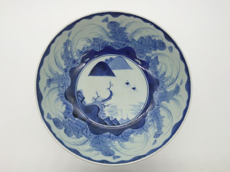 江戸期　古伊万里　大明年製　染付　山水図　9.2寸皿　約28cm　繊細な絵付けが美しい深鉢(九寸二分、和皿、深皿、和食器)(R-061818)