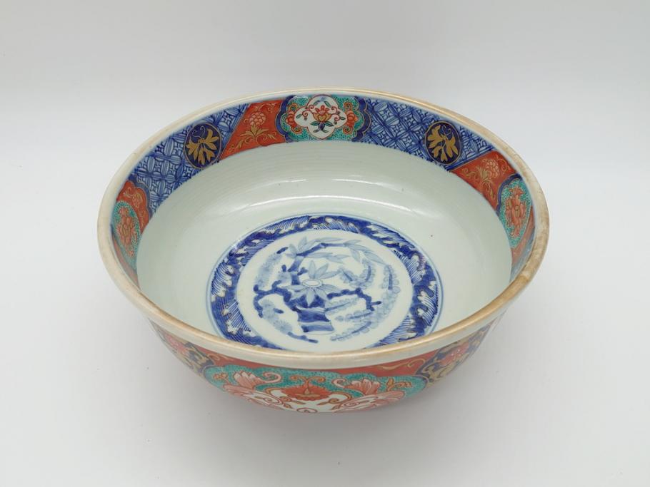 幕末　富長貴春(富貴長春)　金彩　色絵　染付　松竹梅文　華やかな色彩が目を惹く8.3寸深鉢(和食器)(R-061817)