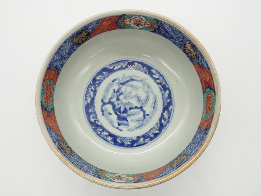 幕末　富長貴春(富貴長春)　金彩　色絵　染付　松竹梅文　華やかな色彩が目を惹く8.3寸深鉢(和食器)(R-061817)