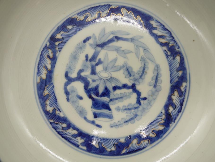 幕末　富長貴春(富貴長春)　金彩　色絵　染付　松竹梅文　華やかな色彩が目を惹く8.3寸深鉢(和食器)(R-061817)