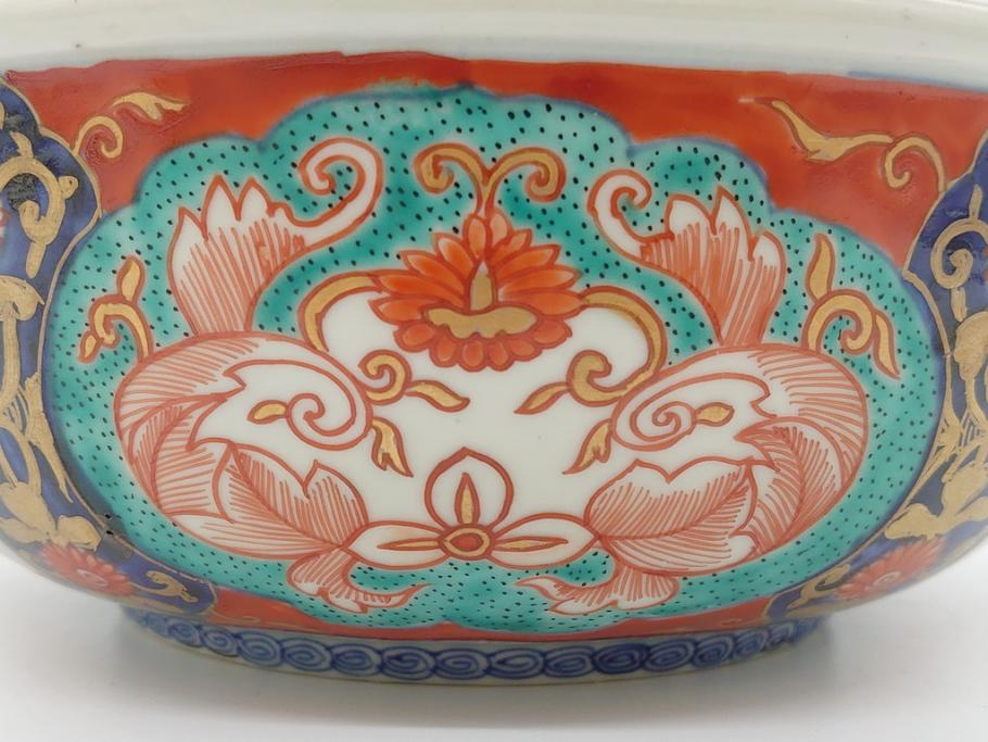 幕末　富長貴春(富貴長春)　金彩　色絵　染付　松竹梅文　華やかな色彩が目を惹く8.3寸深鉢(和食器)(R-061817)