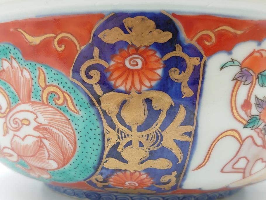 幕末　富長貴春(富貴長春)　金彩　色絵　染付　松竹梅文　華やかな色彩が目を惹く8.3寸深鉢(和食器)(R-061817)