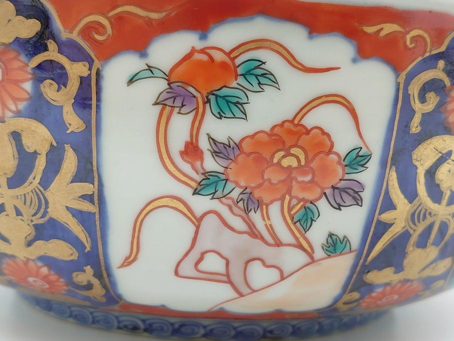 幕末　富長貴春(富貴長春)　金彩　色絵　染付　松竹梅文　華やかな色彩が目を惹く8.3寸深鉢(和食器)(R-061817)