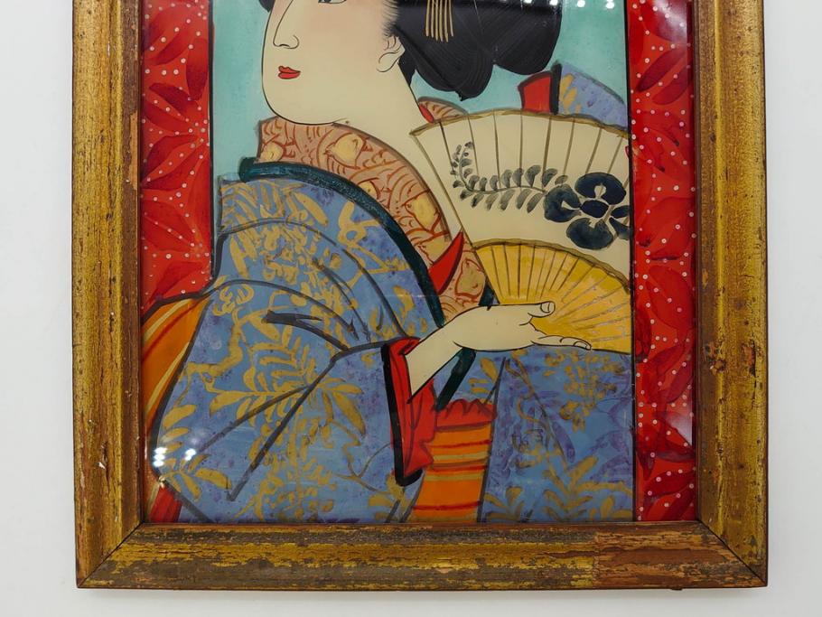 江戸〜明治期　あでやかな風情あるガラス絵(硝子絵、美人画、浮世絵、和服、着物、額装、絵画)(R-082760)