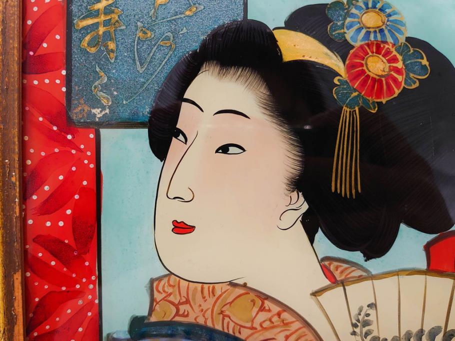 江戸〜明治期　あでやかな風情あるガラス絵(硝子絵、美人画、浮世絵、和服、着物、額装、絵画)(R-082760)