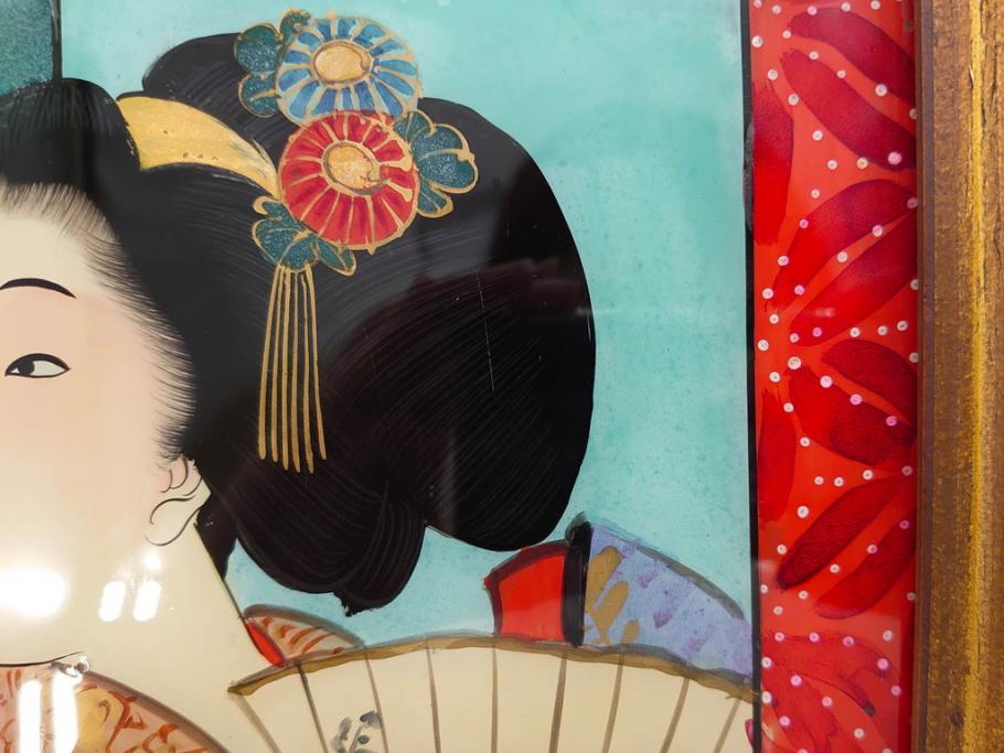 江戸〜明治期　あでやかな風情あるガラス絵(硝子絵、美人画、浮世絵、和服、着物、額装、絵画)(R-082760)