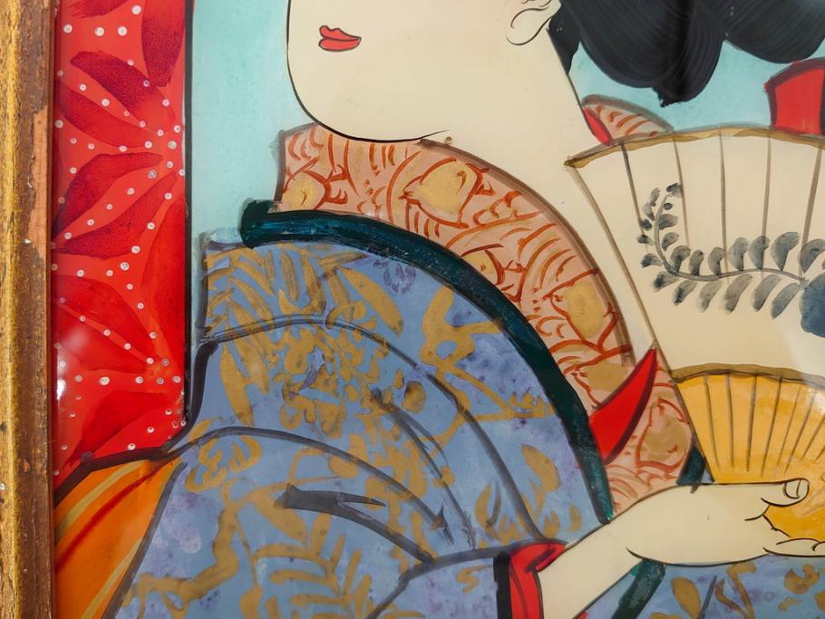 江戸〜明治期　あでやかな風情あるガラス絵(硝子絵、美人画、浮世絵、和服、着物、額装、絵画)(R-082760)