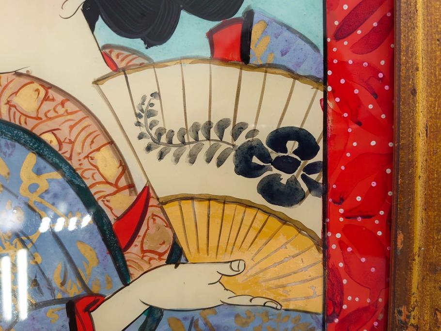江戸〜明治期　あでやかな風情あるガラス絵(硝子絵、美人画、浮世絵、和服、着物、額装、絵画)(R-082760)