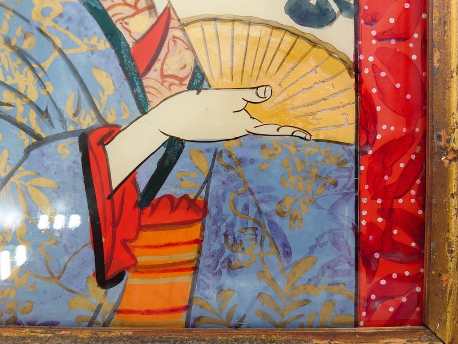 江戸〜明治期　あでやかな風情あるガラス絵(硝子絵、美人画、浮世絵、和服、着物、額装、絵画)(R-082760)