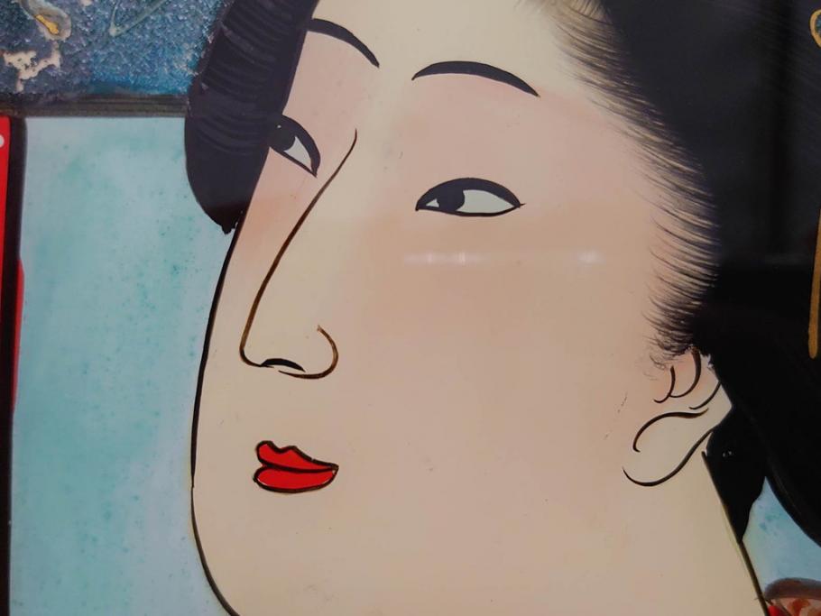 江戸〜明治期　あでやかな風情あるガラス絵(硝子絵、美人画、浮世絵、和服、着物、額装、絵画)(R-082760)