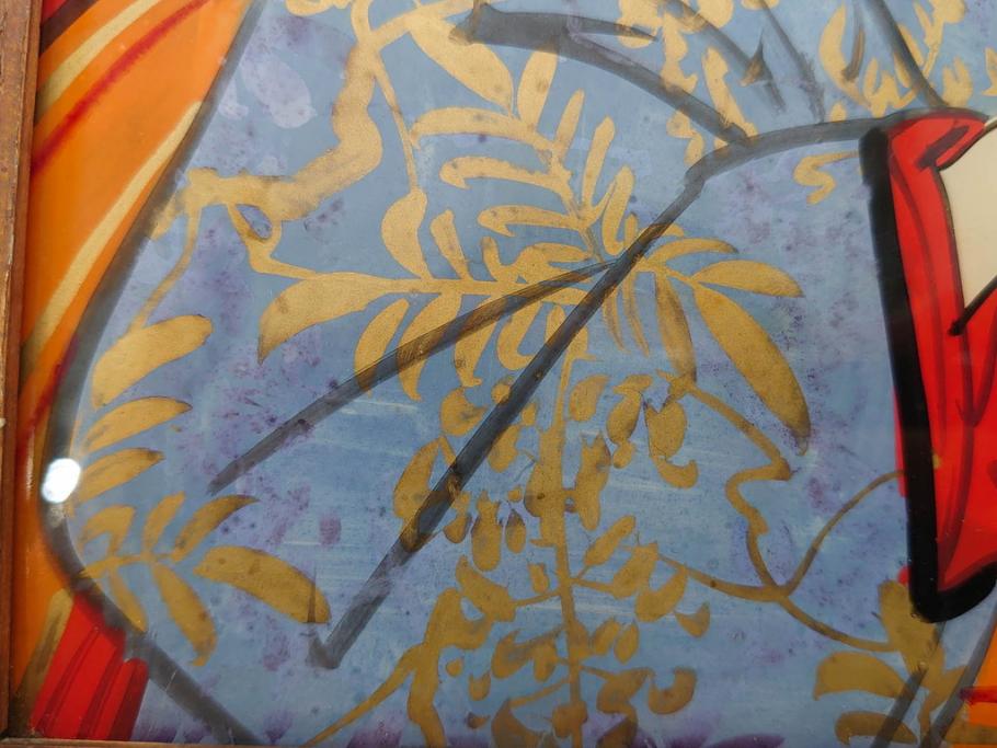 江戸〜明治期　あでやかな風情あるガラス絵(硝子絵、美人画、浮世絵、和服、着物、額装、絵画)(R-082760)