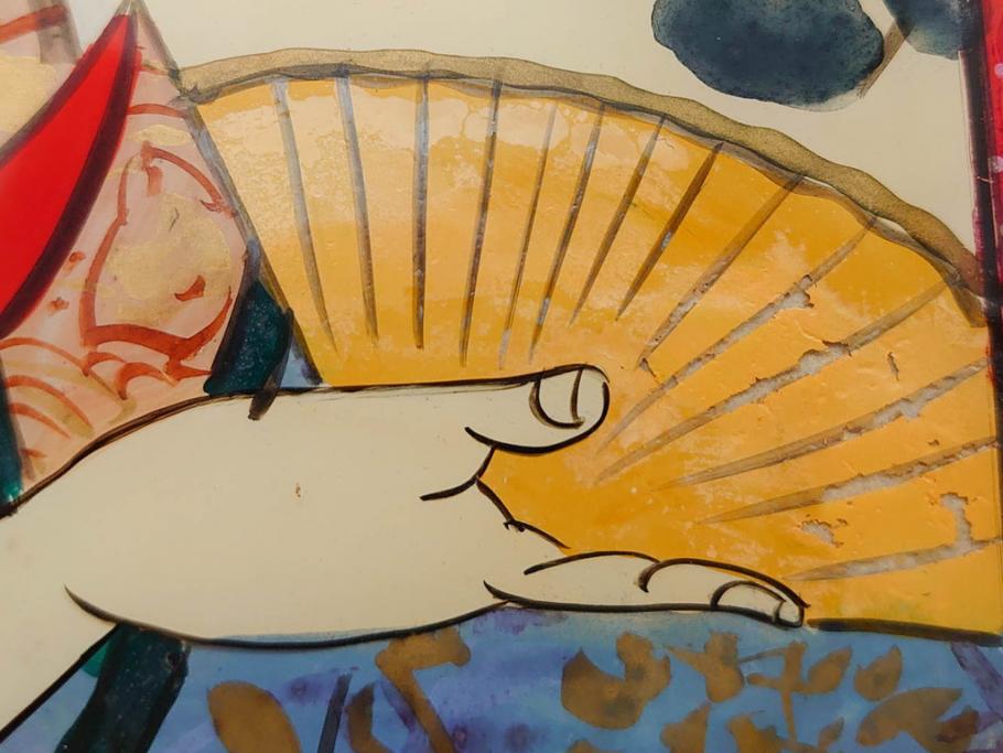 江戸〜明治期　あでやかな風情あるガラス絵(硝子絵、美人画、浮世絵、和服、着物、額装、絵画)(R-082760)
