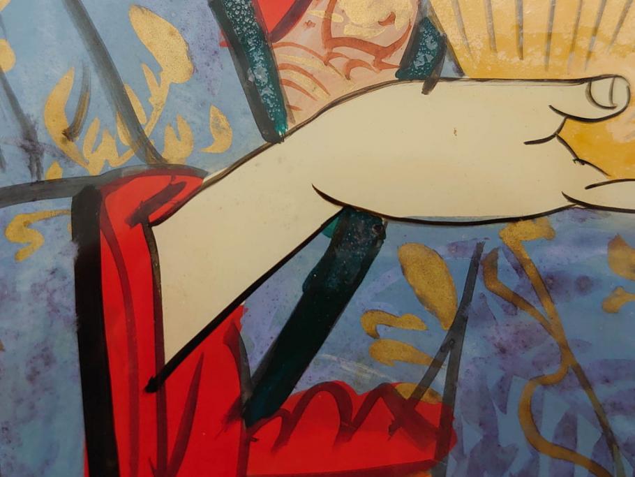 江戸〜明治期　あでやかな風情あるガラス絵(硝子絵、美人画、浮世絵、和服、着物、額装、絵画)(R-082760)
