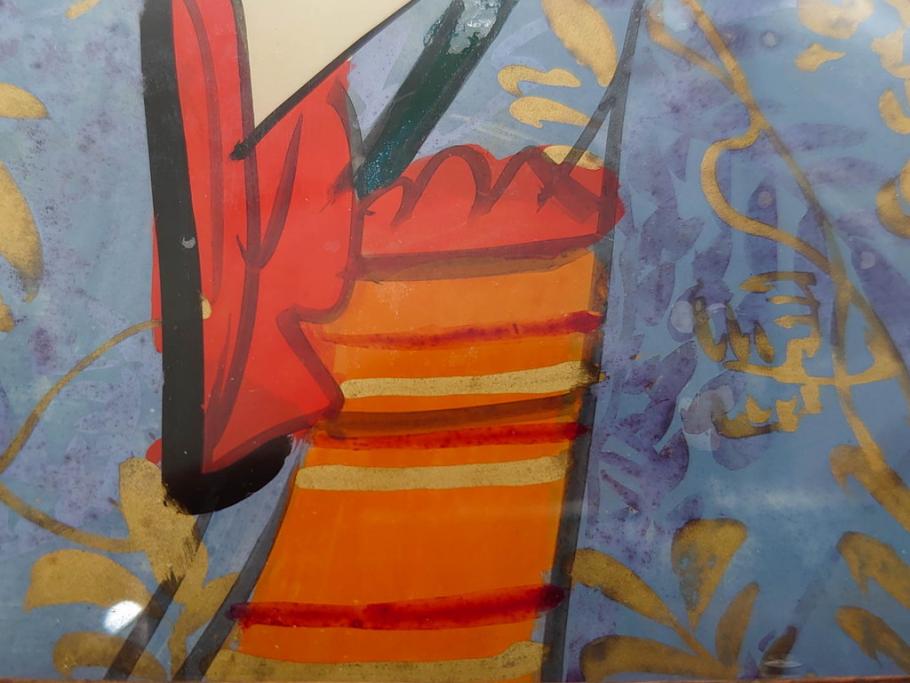 江戸〜明治期　あでやかな風情あるガラス絵(硝子絵、美人画、浮世絵、和服、着物、額装、絵画)(R-082760)