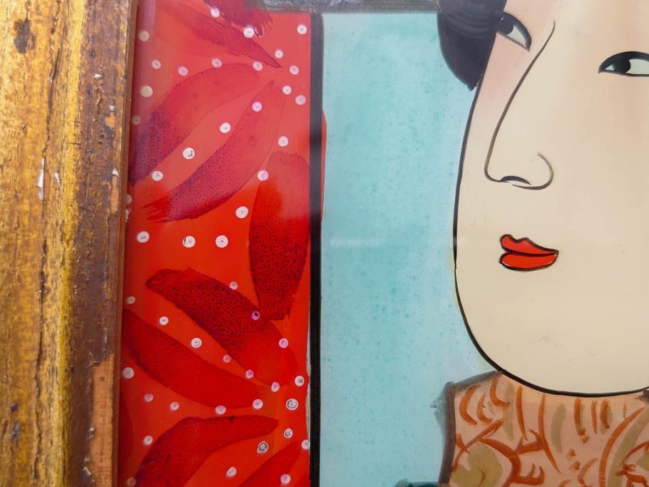 江戸〜明治期　あでやかな風情あるガラス絵(硝子絵、美人画、浮世絵、和服、着物、額装、絵画)(R-082760)