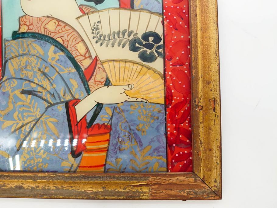 江戸〜明治期　あでやかな風情あるガラス絵(硝子絵、美人画、浮世絵、和服、着物、額装、絵画)(R-082760)