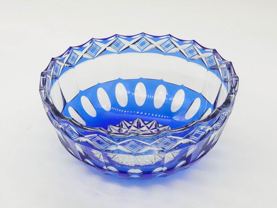 時代物　切子　色被せ　青　爽やかな雰囲気のガラスボウル(硝子、深皿、鉢)(R-082761)