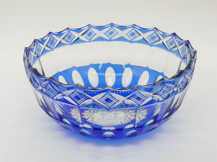時代物　切子　色被せ　青　爽やかな雰囲気のガラスボウル(硝子、深皿、鉢)(R-082761)