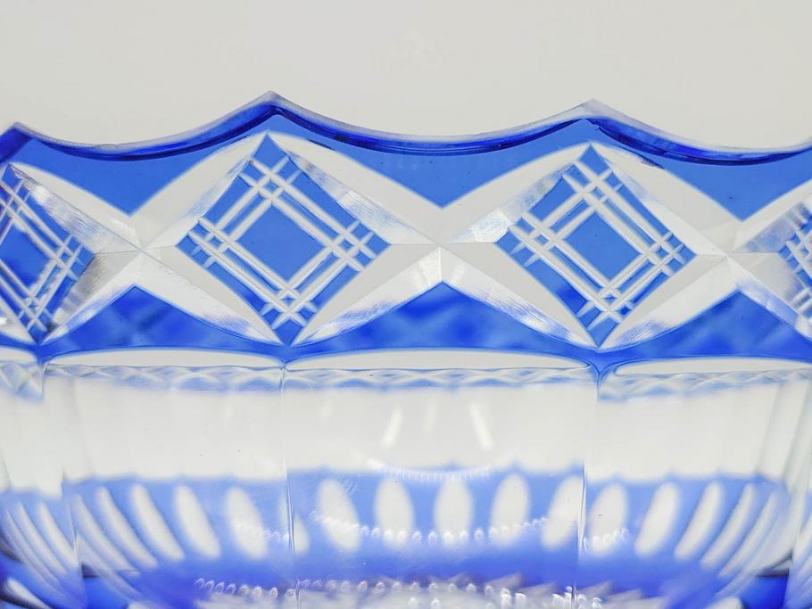 時代物　切子　色被せ　青　爽やかな雰囲気のガラスボウル(硝子、深皿、鉢)(R-082761)