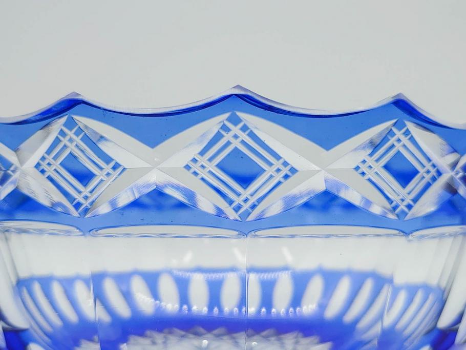 時代物　切子　色被せ　青　爽やかな雰囲気のガラスボウル(硝子、深皿、鉢)(R-082761)