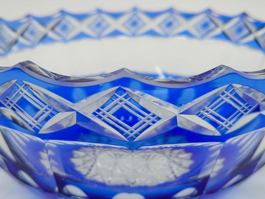時代物　切子　色被せ　青　爽やかな雰囲気のガラスボウル(硝子、深皿、鉢)(R-082761)