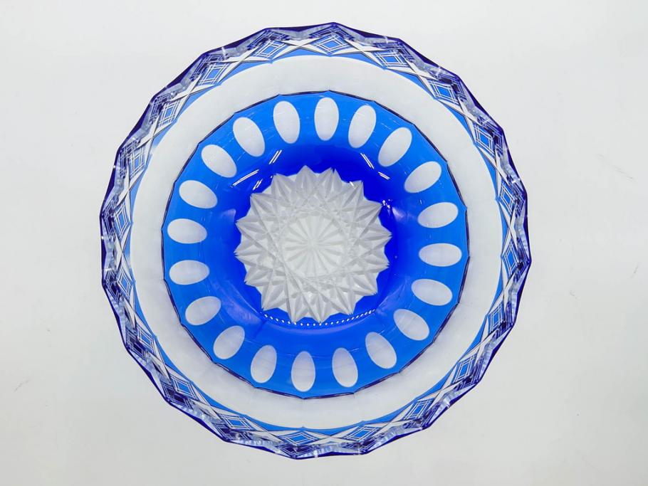 時代物　切子　色被せ　青　爽やかな雰囲気のガラスボウル(硝子、深皿、鉢)(R-082761)