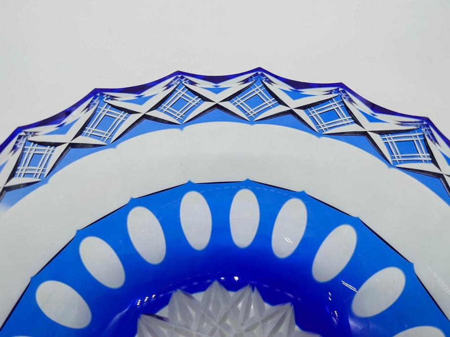 時代物　切子　色被せ　青　爽やかな雰囲気のガラスボウル(硝子、深皿、鉢)(R-082761)