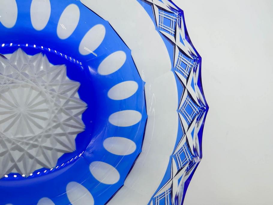 時代物　切子　色被せ　青　爽やかな雰囲気のガラスボウル(硝子、深皿、鉢)(R-082761)