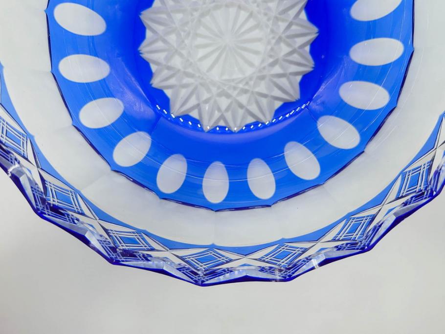 時代物　切子　色被せ　青　爽やかな雰囲気のガラスボウル(硝子、深皿、鉢)(R-082761)