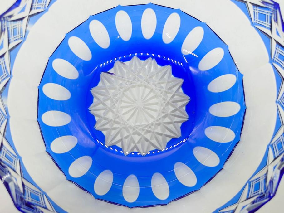 時代物　切子　色被せ　青　爽やかな雰囲気のガラスボウル(硝子、深皿、鉢)(R-082761)