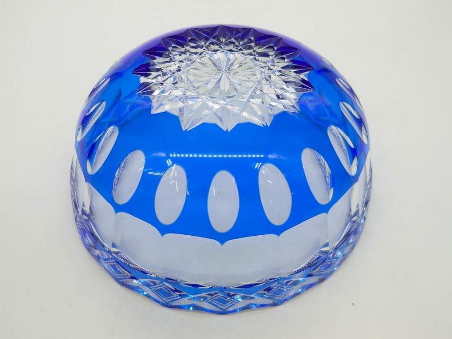 時代物　切子　色被せ　青　爽やかな雰囲気のガラスボウル(硝子、深皿、鉢)(R-082761)