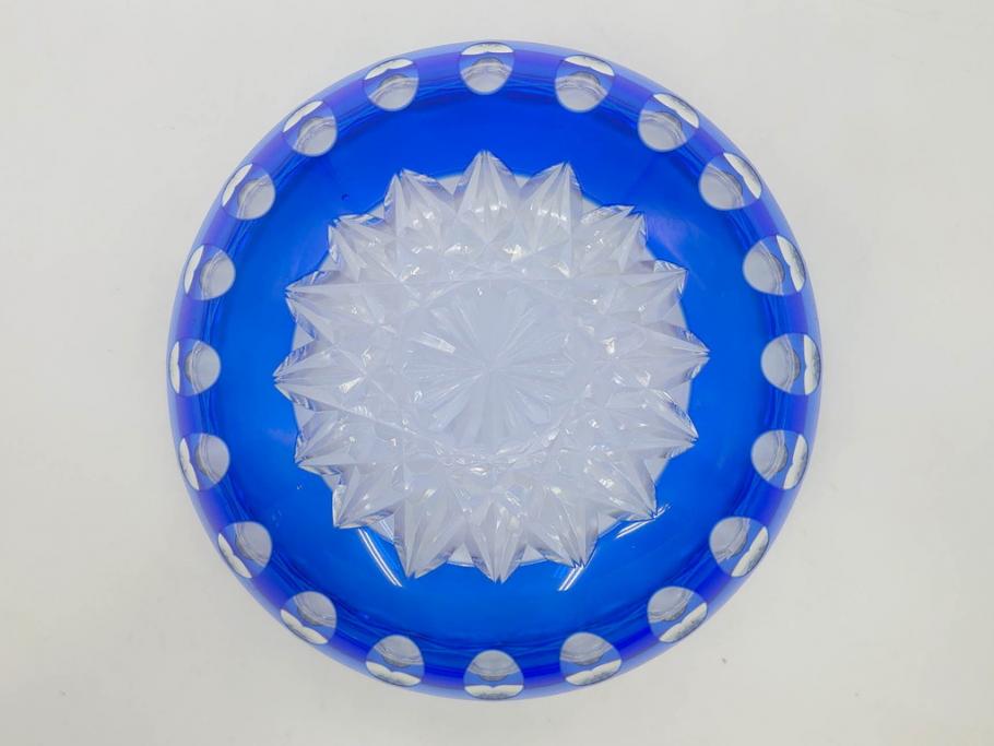 時代物　切子　色被せ　青　爽やかな雰囲気のガラスボウル(硝子、深皿、鉢)(R-082761)