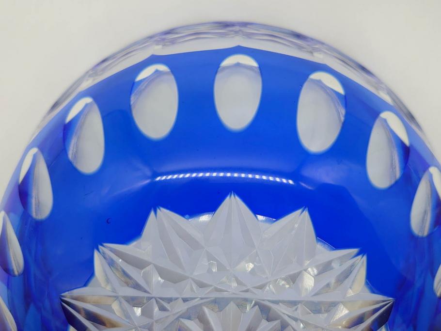 時代物　切子　色被せ　青　爽やかな雰囲気のガラスボウル(硝子、深皿、鉢)(R-082761)