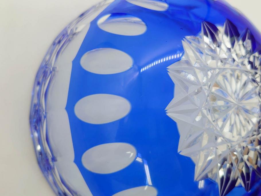 時代物　切子　色被せ　青　爽やかな雰囲気のガラスボウル(硝子、深皿、鉢)(R-082761)