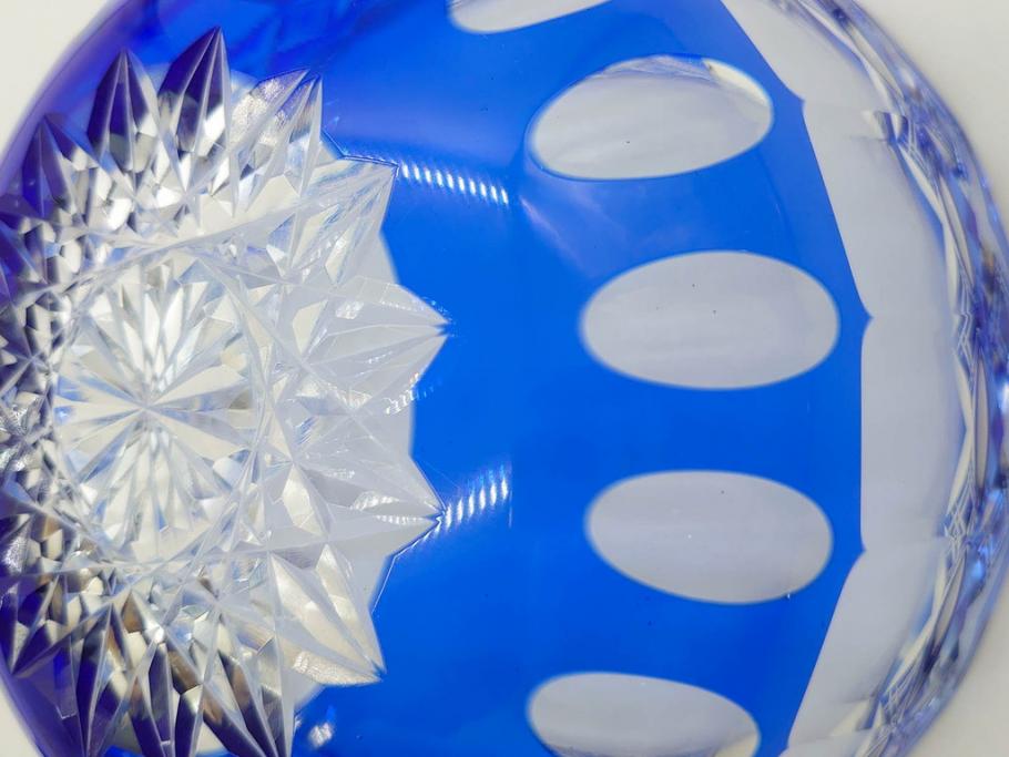 時代物　切子　色被せ　青　爽やかな雰囲気のガラスボウル(硝子、深皿、鉢)(R-082761)