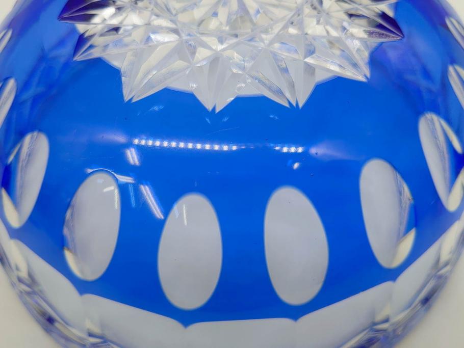 時代物　切子　色被せ　青　爽やかな雰囲気のガラスボウル(硝子、深皿、鉢)(R-082761)
